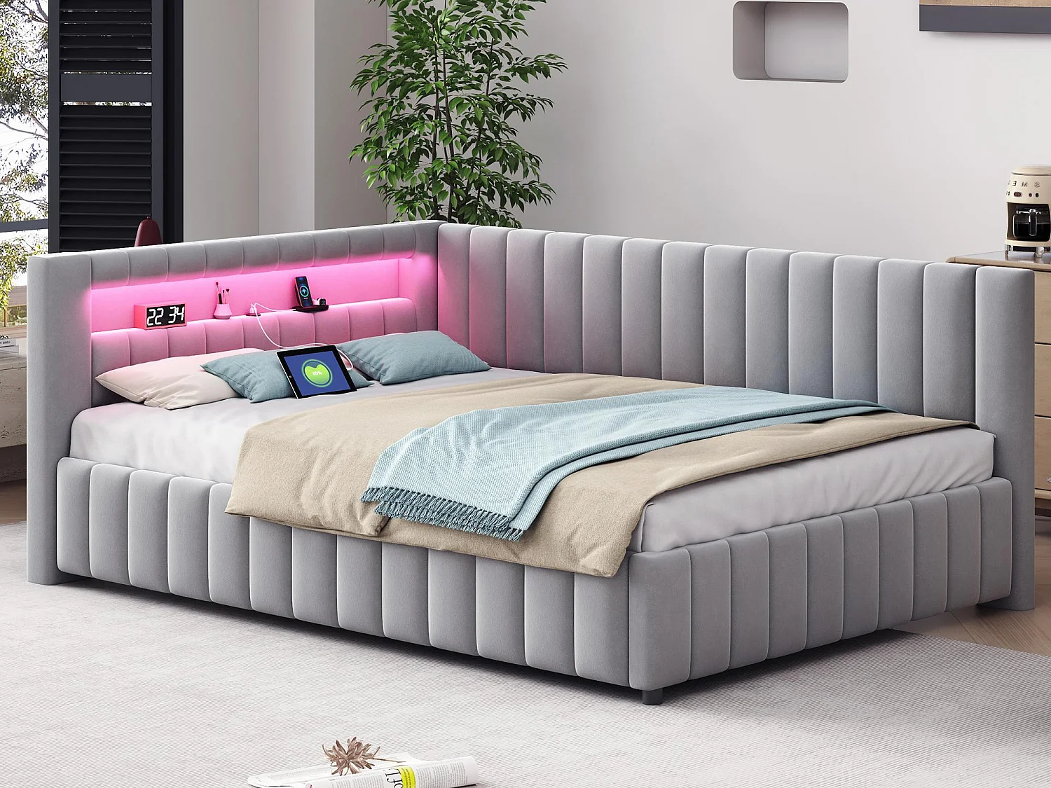 Łóżko z tapicerowanym zagłówkiem z weluru - 140x200cm - z oświetleniem LED i gniazdem USB - Jasnoszare (materac nie jest w zestawie) 3579469 - obrazek 1