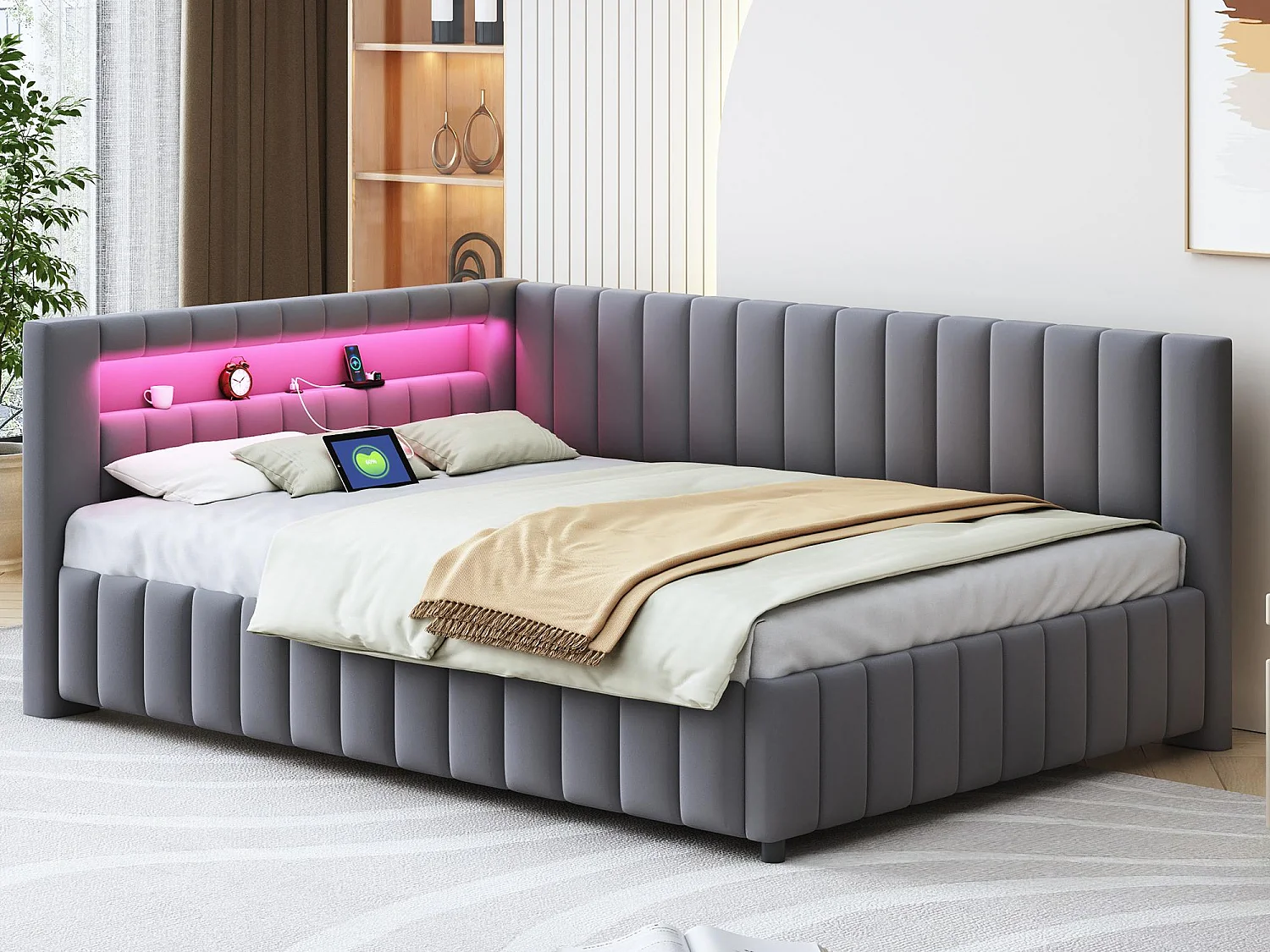 Łóżko z tapicerowanym welurowym zagłówkiem – 140x200cm – z oświetleniem LED i gniazdem USB – Szare (materac nie jest w zestawie) 3579473