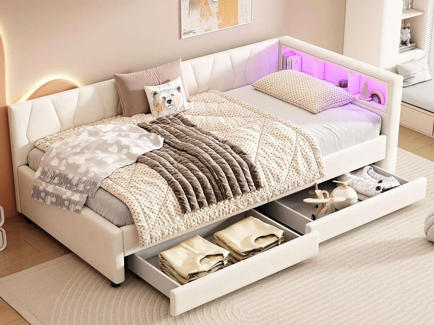 Łóżko z oświetleniem LED 90x200cm – z 2 szufladami i portami ładowania – tkanina lniana – Beżowy 3579471