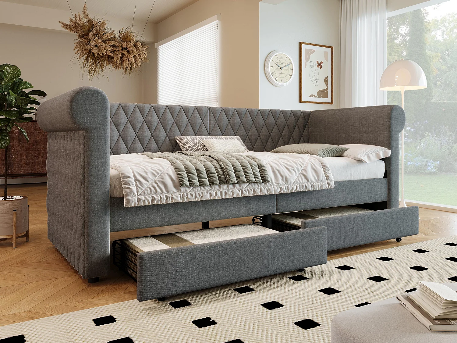 Łóżko z kanapą z 2 szufladami z lnu - 90x200cm - z stelażem na listwy - Szary 3447986 - obrazek 1