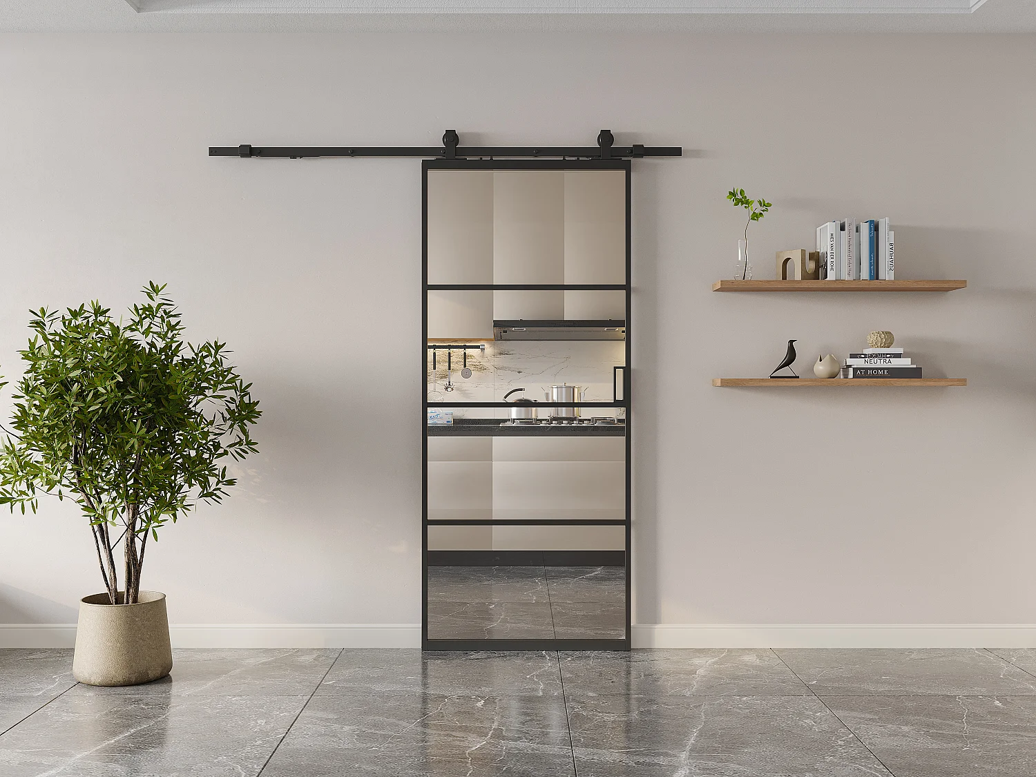 Drzwi przesuwne naścienne - aluminium i przezroczyste szkło hartowane - wys. 205 x szer. 93 cm - SINCA II 2891457 - obrazek 1