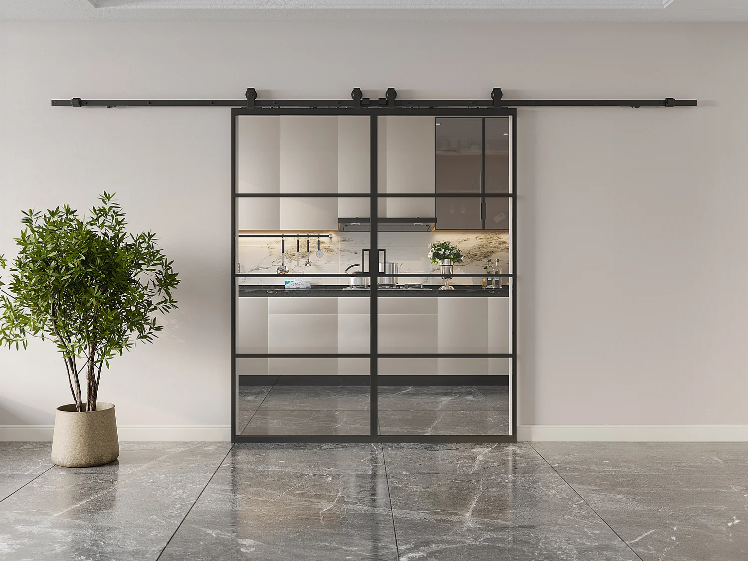 Drzwi przesuwne naścienne podwójne - aluminium i przezroczyste szkło hartowane - 2 x wys. 205 x szer. 73 cm - SINCA II 3334105 - obrazek 1