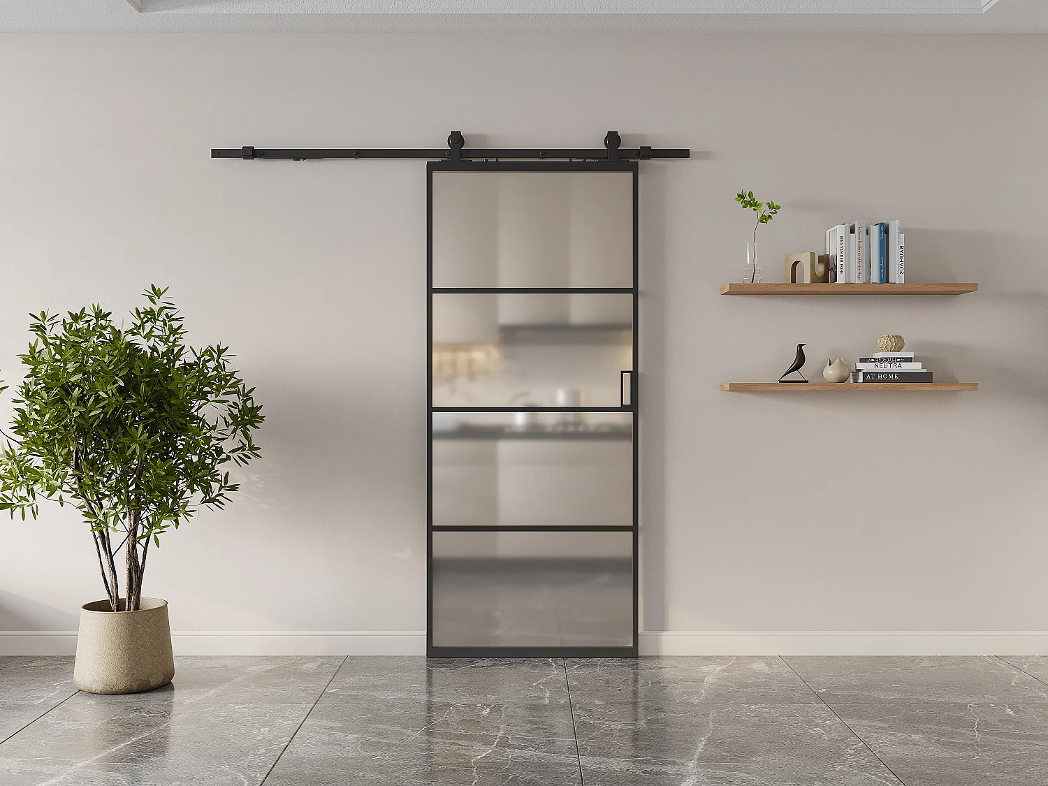 Drzwi przesuwne naścienne - aluminium i matowe szkło hartowane - wys. 205 x szer. 83 cm - SINCA II 3290695 - obrazek 1