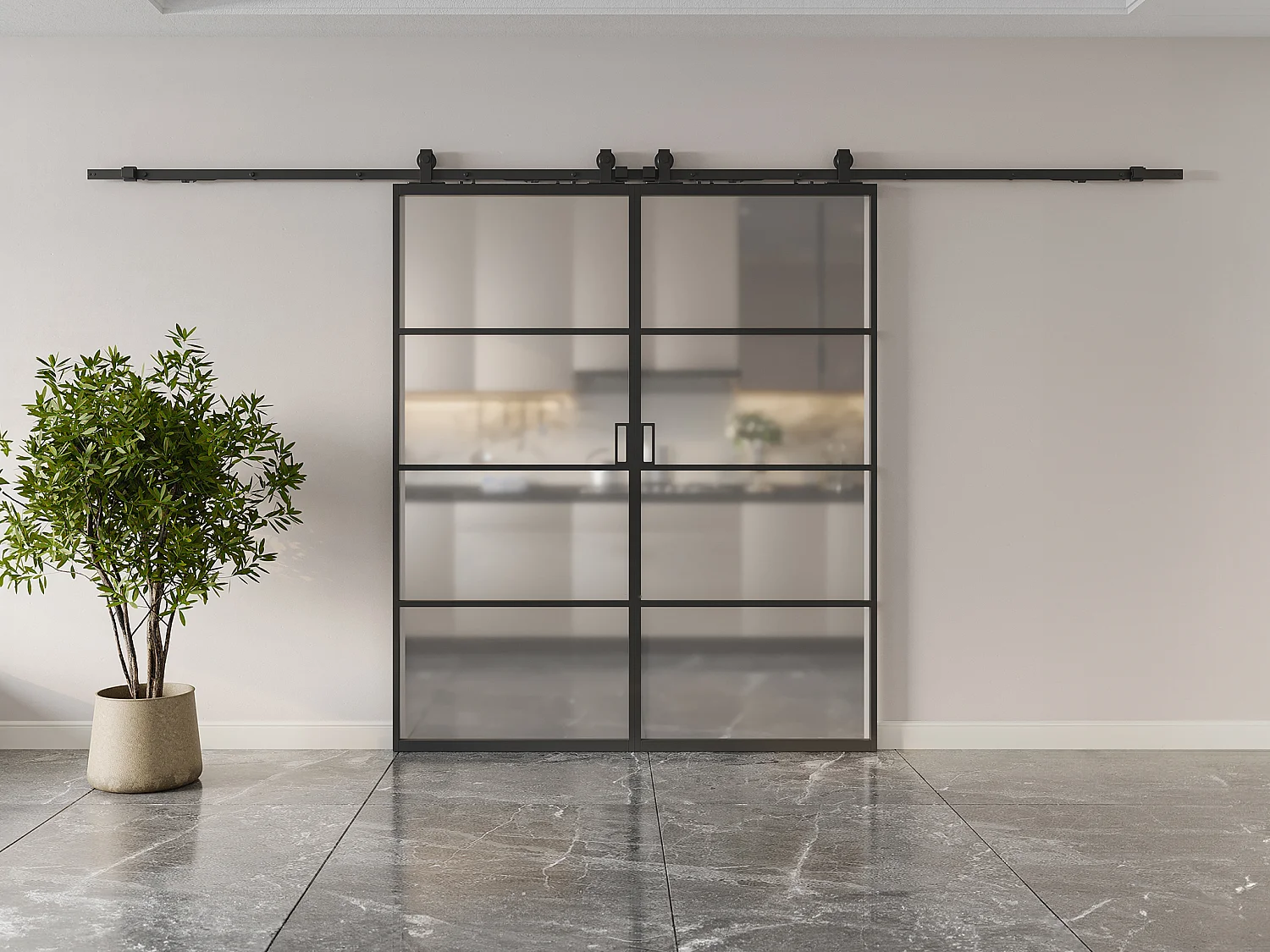 Drzwi przesuwne naścienne podwójne - aluminium i matowe szkło hartowane - 2 x wys. 205 x szer. 93 cm - SINCA II 3290699 - obrazek 1