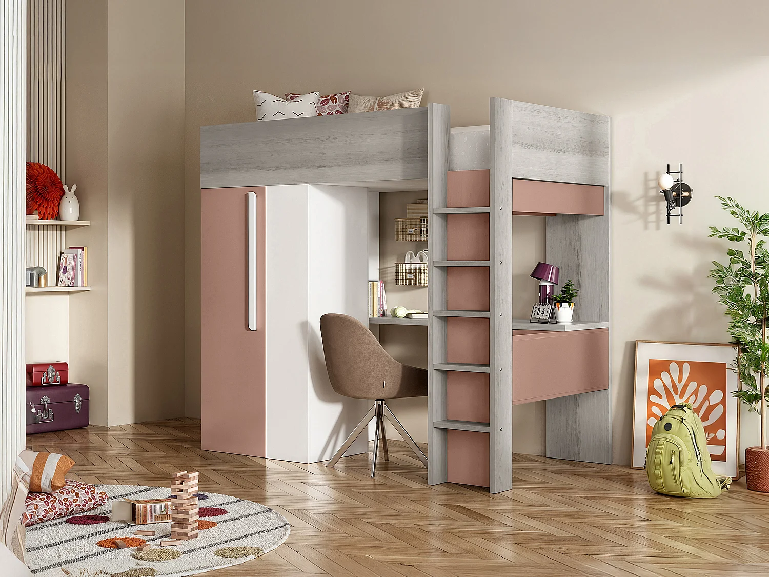 Łóżko z antresolą 90 × 200 cm z szafą i biurkiem – Różowy i biały + materac – NICOLAS 133321
