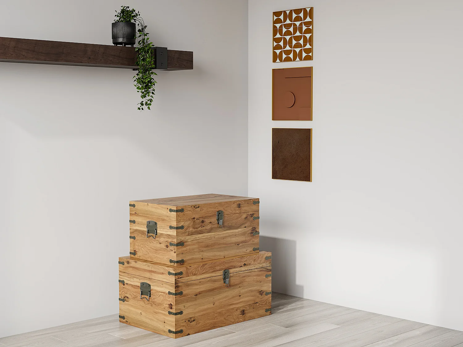 Zestaw 2 skrzyń z drewna sosnowego i MDF – szer. 70 x gł. 46 x wys. 35 cm i szer. 60 x gł. 38 x wys. 30 cm – Naturalny – MALOUEN 1802975
