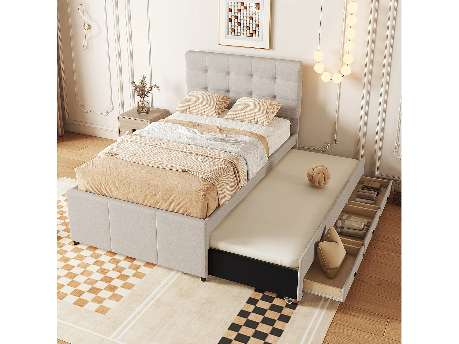 Łóżko wysuwane 90 x 190/200 cm z regulowanym wezgłowiem – 3 szuflady – tkanina lniana – stelaż listwowy – beżowy (bez materaca) 3703137