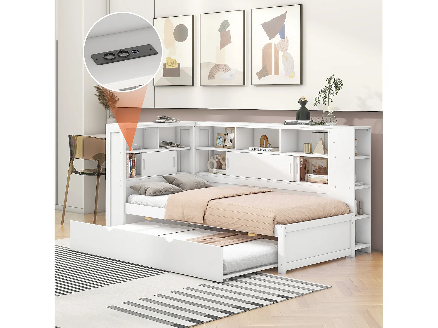 Łóżko wysuwane 90 x 190/200 cm z wezgłowiem – Szafki do przechowywania i gniazda USB – Płyta wiórowa + MDF – Białe (bez materaca) 3703140