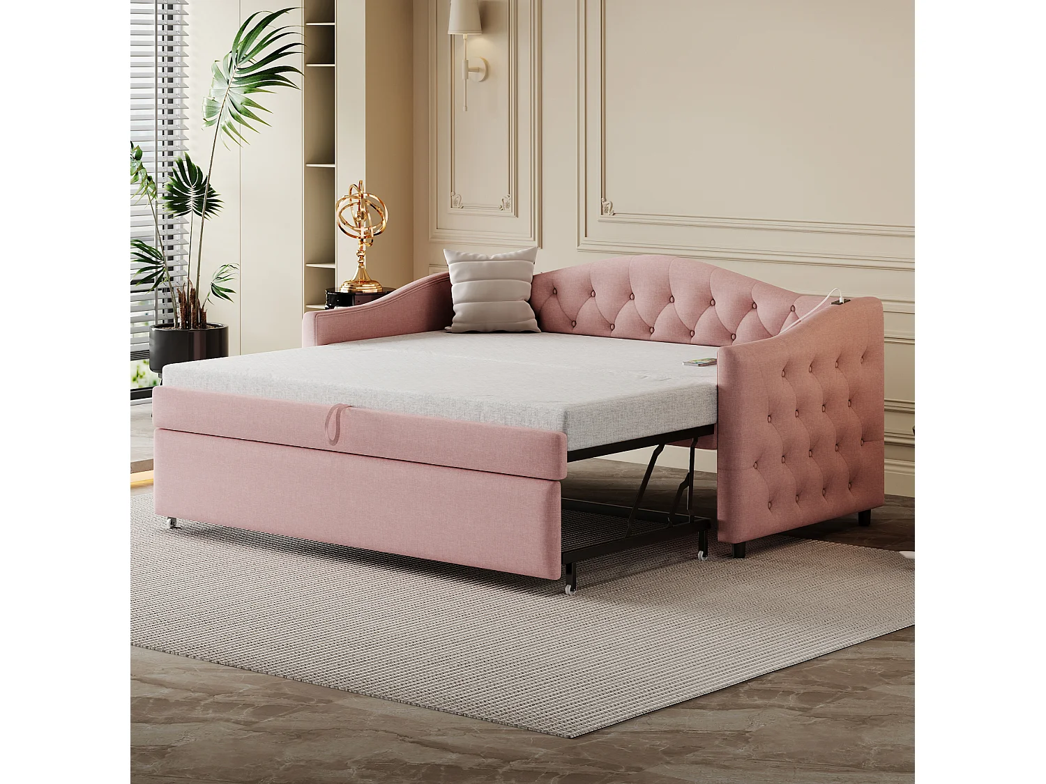 Łóżko wysuwane 90 x 200 cm z portami USB, Sofa z funkcją spania – Tkanina lniana – Stelaż z listew – Różowy (bez materaca) 3703142