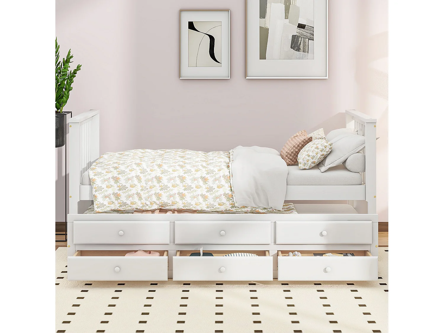 Łóżko wysuwane 90 x 200 cm + 90 x 190 cm z 3 szufladami - Drewno lite + MDF - Stelaż listwowy - Biały (bez materaca) 3703144 - obrazek 1