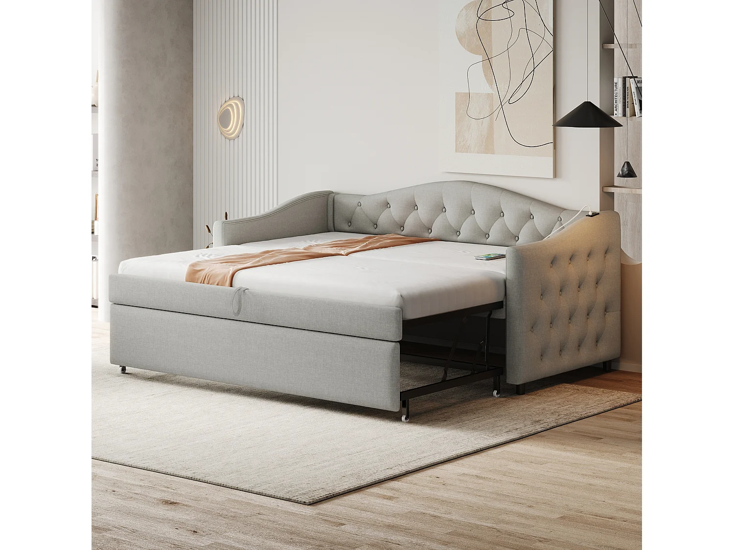 Łóżko wysuwane 90 x 200 cm z portami USB, sofa rozkładana – Tkanina lniana – Stelaż z listew – Szary (bez materaca) 3703150