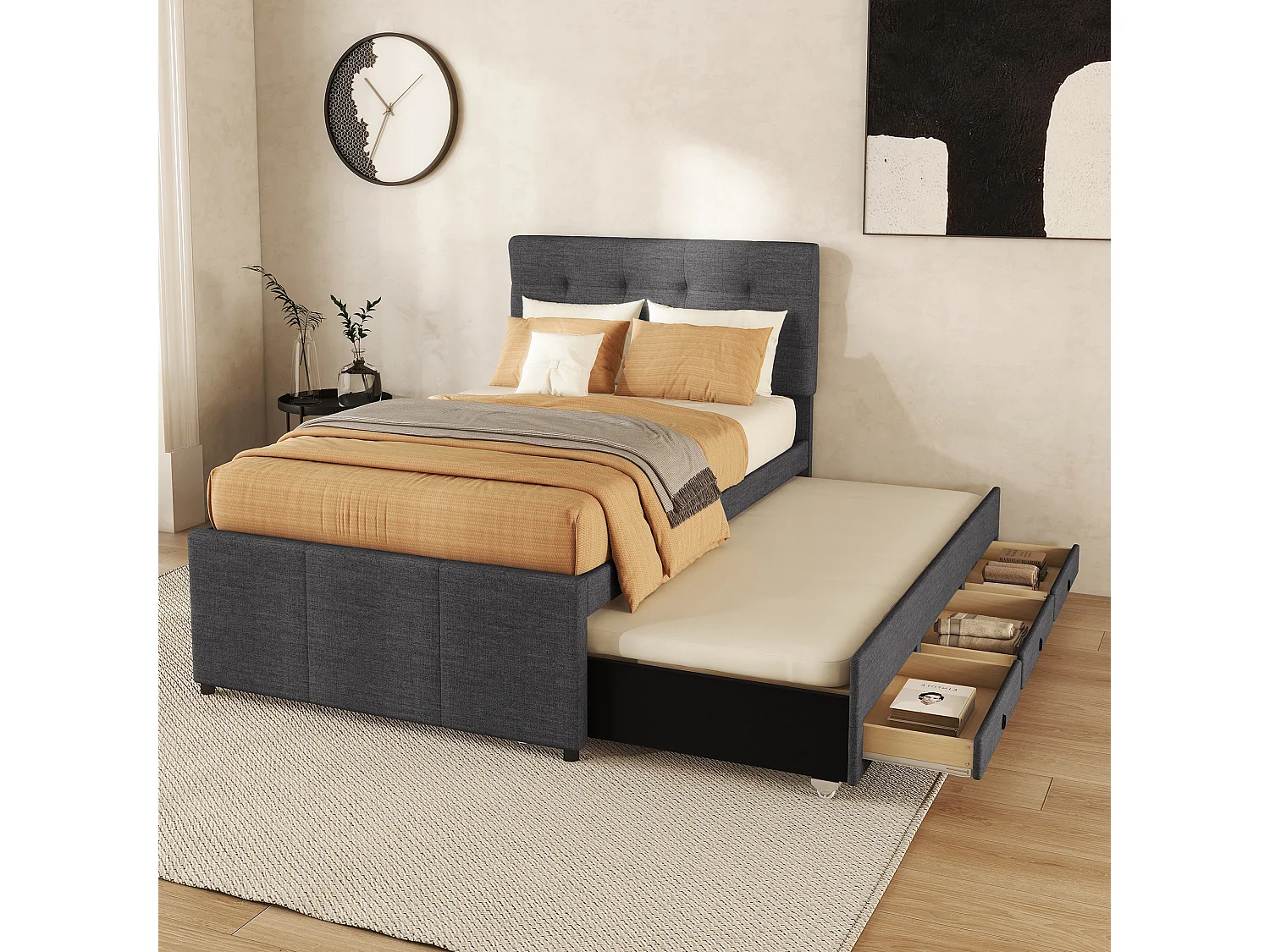 Łóżko wysuwane 90 x 190/200 cm z regulowanym wezgłowiem – 3 szuflady – tkanina lniana – stelaż listwowy – szary (bez materaca) 3703146