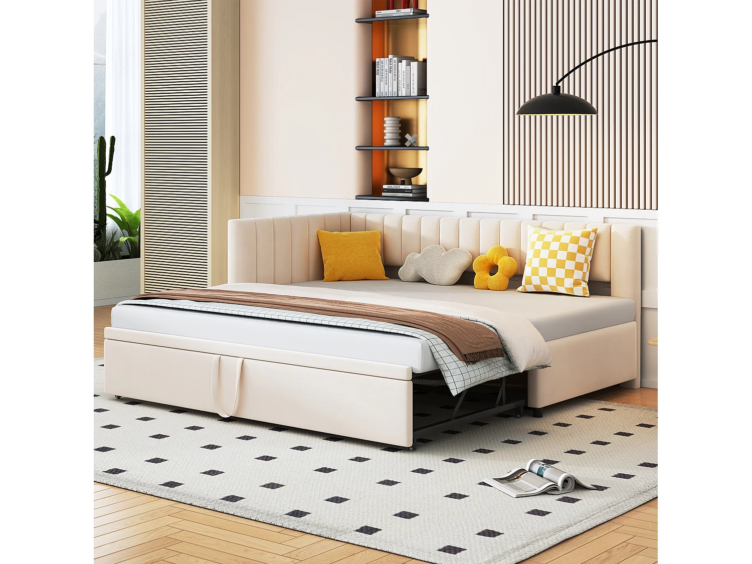 Łóżko wysuwane 90/180 x 200 cm w kształcie litery L, Sofa rozkładana - Aksamit - Stelaż z listew - Beżowy (bez materaca) 3703147 - obrazek 1