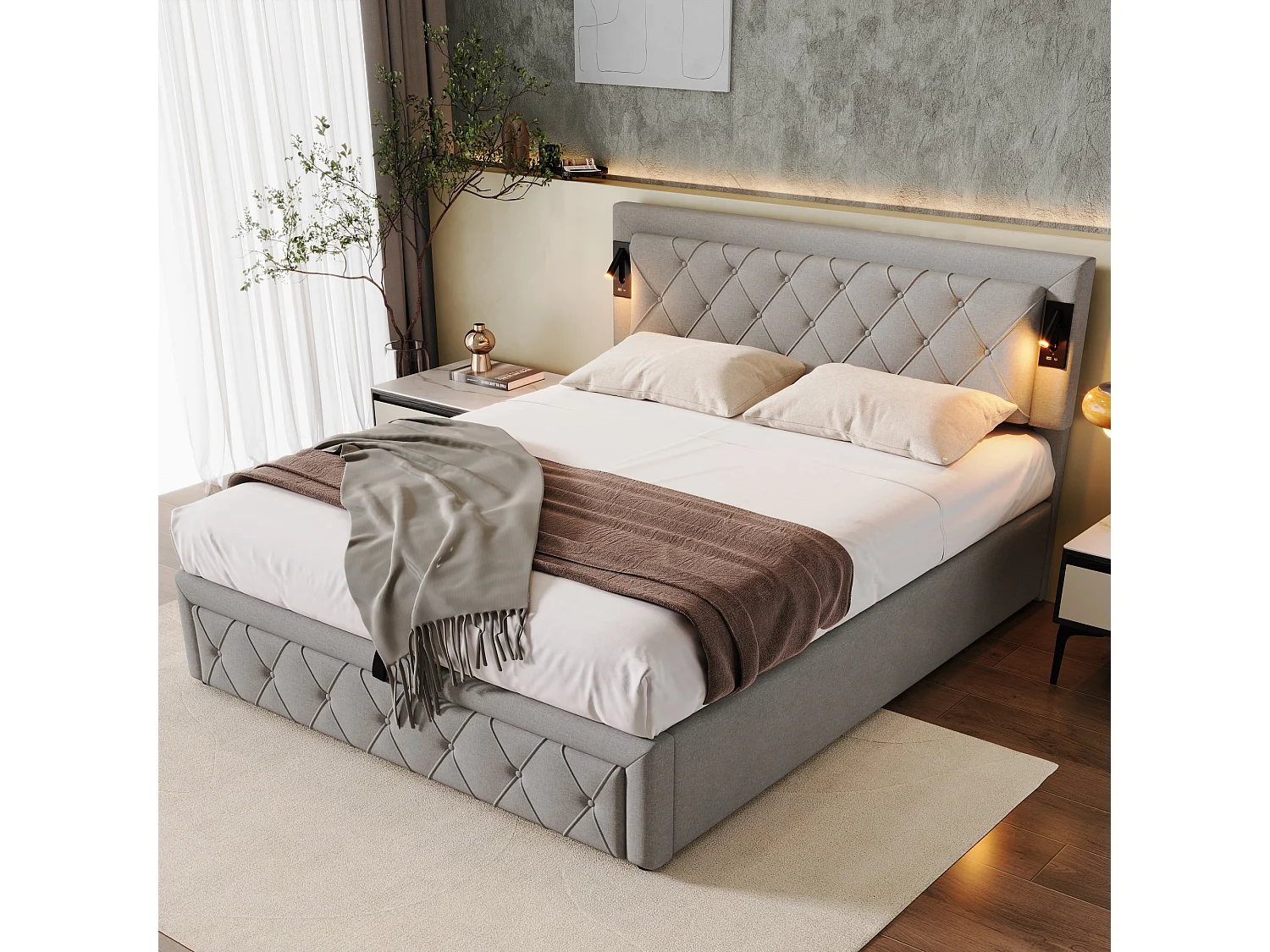 Łóżko ze schowkiem 160 x 200 cm z zagłówkiem - diody LED i porty USB - tkanina lniana - wzór w paski diamentowe - szare (bez materaca) 3703158 - obrazek 1