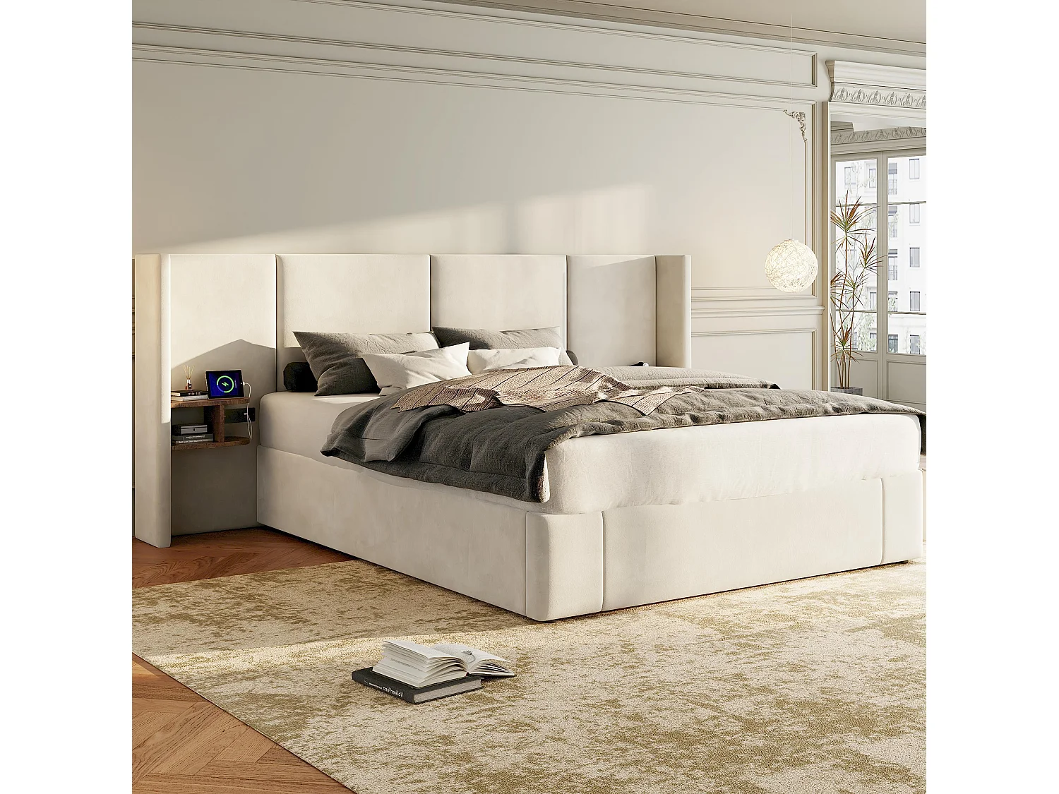 Łóżko ze schowkiem 160 x 200 cm z dużym wezgłowiem - 2 szafki nocne i port USB - Aksamit - Beżowe (bez materaca) 3703177 - obrazek 1