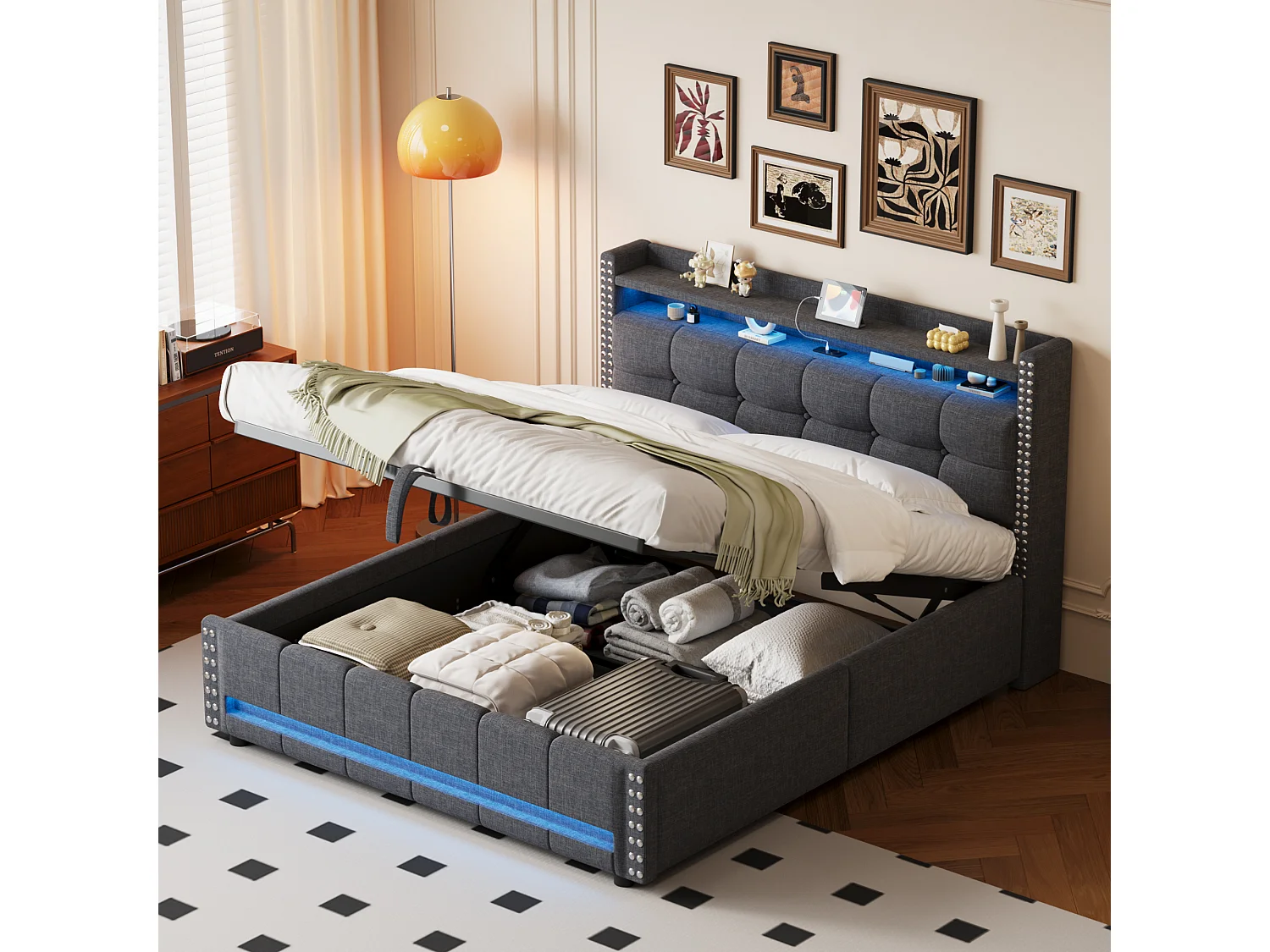 Łóżko ze schowkiem 160 x 200 cm z zagłówkiem i półkami - LED + port USB - Tkanina lniana - Szare (bez materaca) 3703184 - obrazek 1