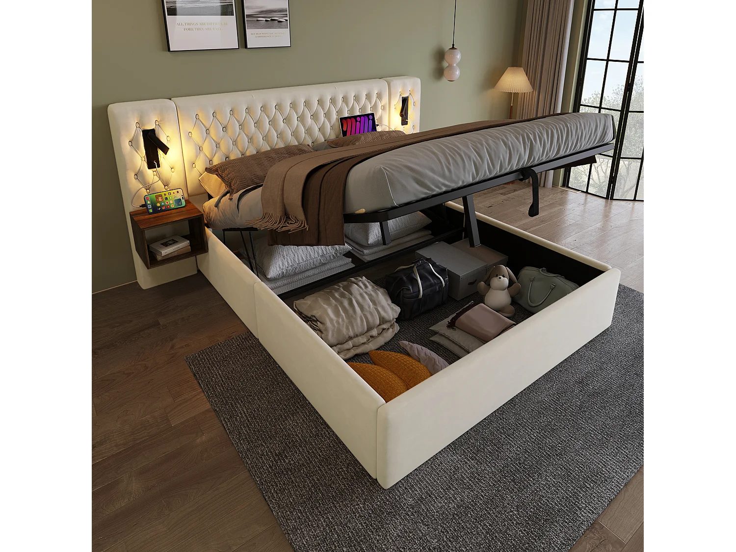 Łóżko z pojemnikiem 160 x 200 cm z zagłówkiem i 2 szafkami nocnymi - lampka do czytania i gniazda USB - Aksamit - Beż (bez materaca) 3703183 - obrazek 1
