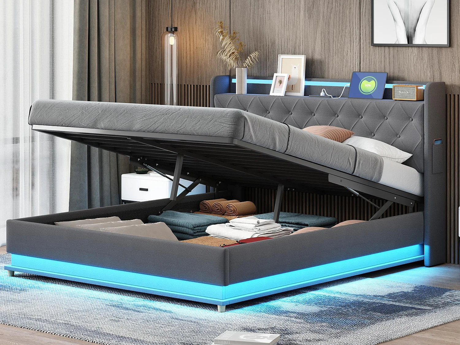 Łóżko z tapicerowanym zagłówkiem z LED 160x200 cm - z portem ładowania USB - z tkaniny lnianej - Szare 2734571 - obrazek 1
