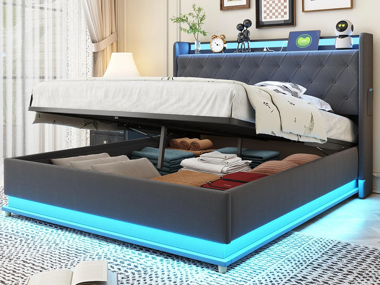 Łóżko z tapicerowanym zagłówkiem z LED 140x200 cm - z portem ładowania USB - z tkaniny lnianej - Szare 3713632 - obrazek 1