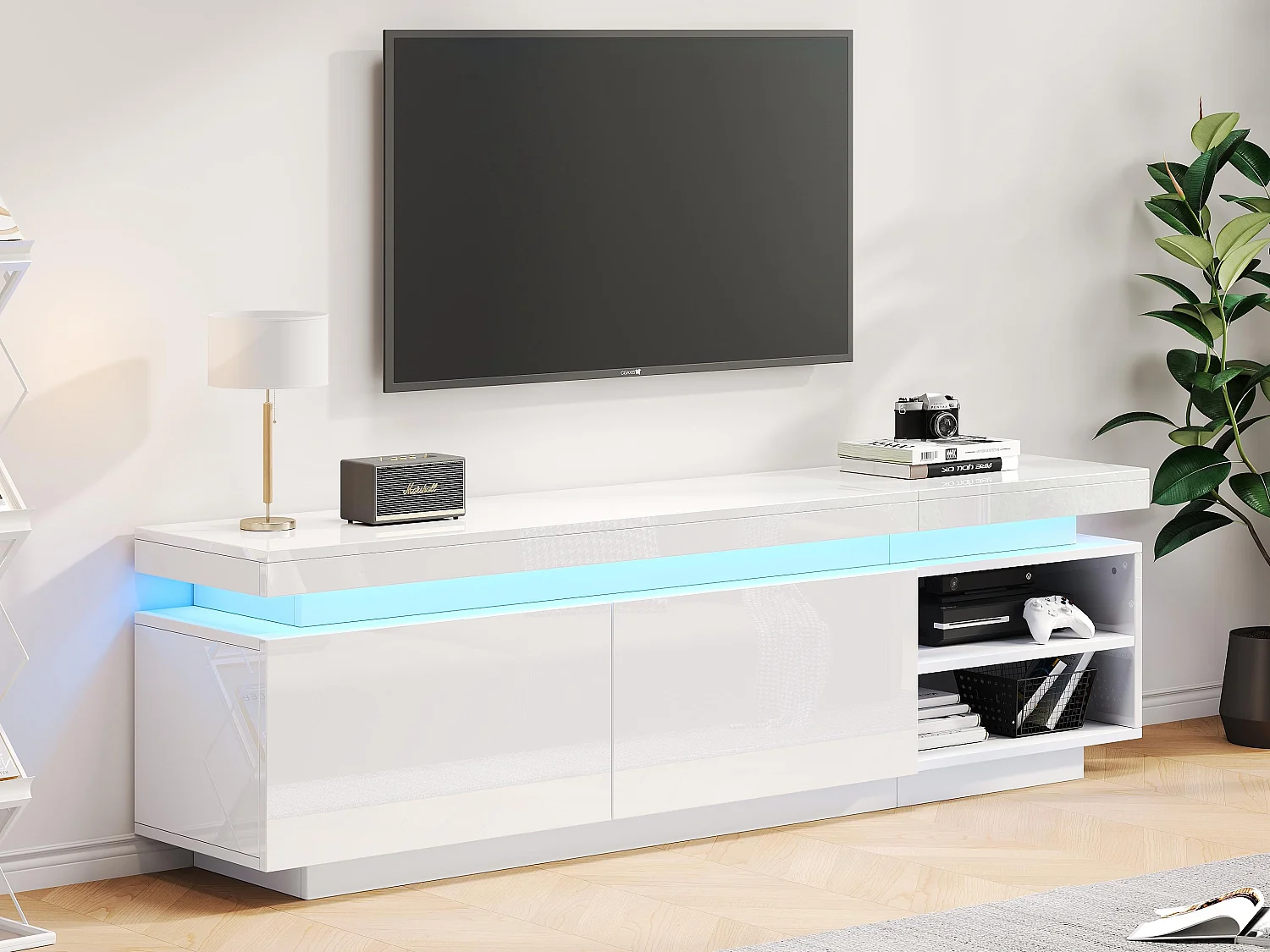 Lśniąca szafka RTV z LED - 2 drzwi i 2 przegrody - Biała 3723891 - obrazek 1