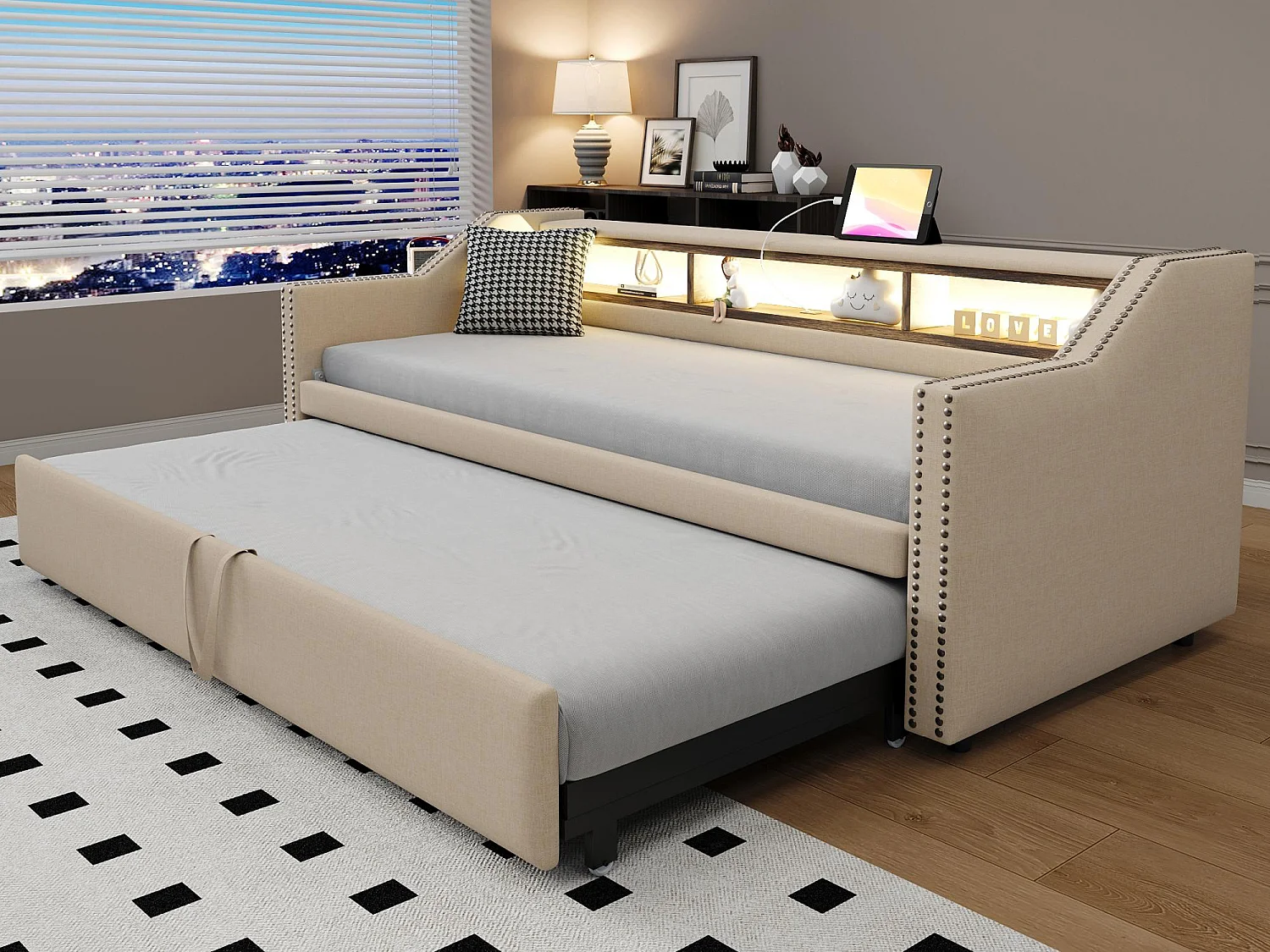 Łóżko z wysuwanym materacem 90/180x190cm z lnu - z LED i USB - z stelażem na listwach - Beżowe 3727156 - obrazek 1