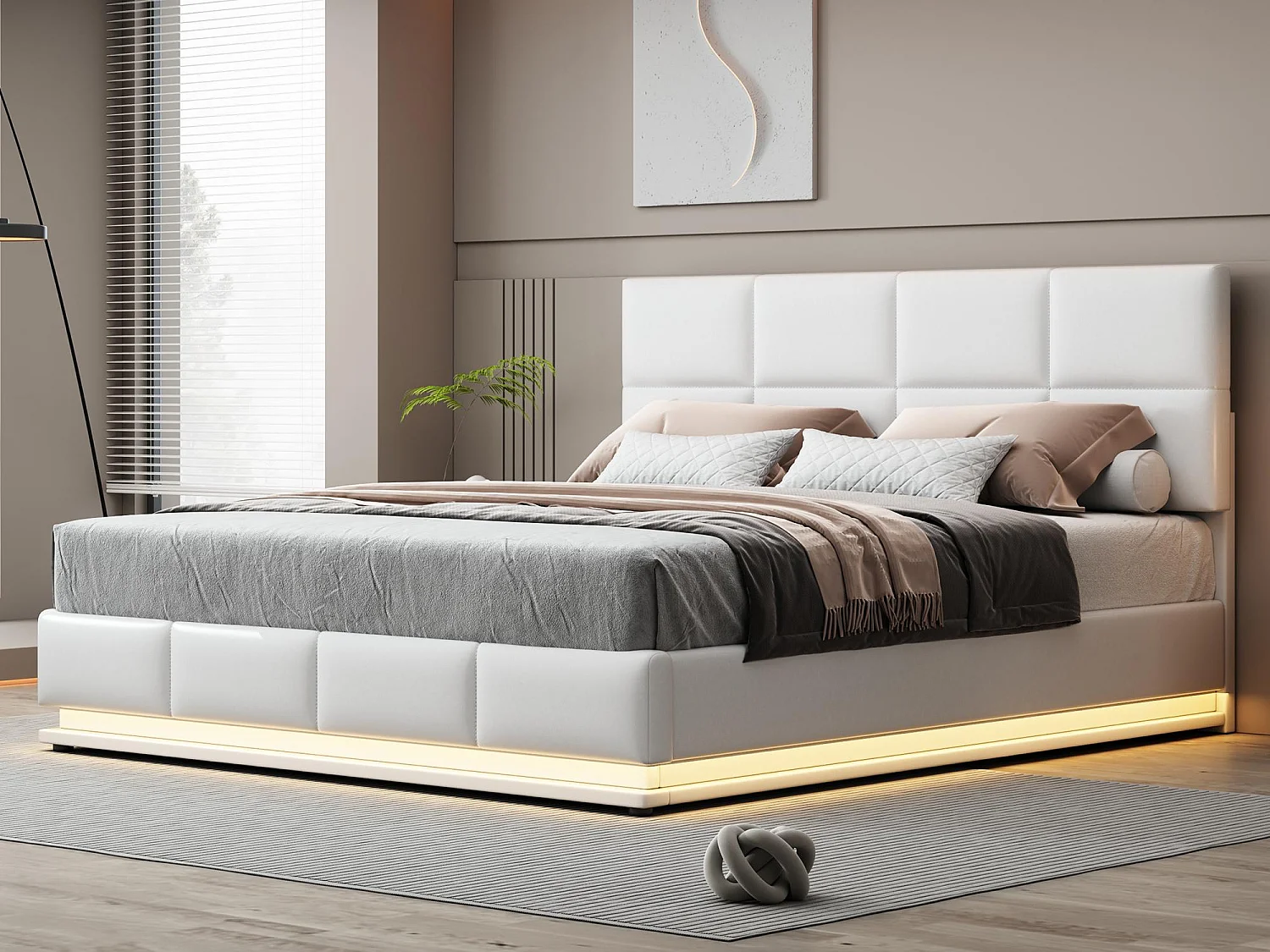 Łóżko z tapicerowanym stelażem 180x200 cm z oświetleniem LED - z ekoskóry - Białe 3553938 - obrazek 1