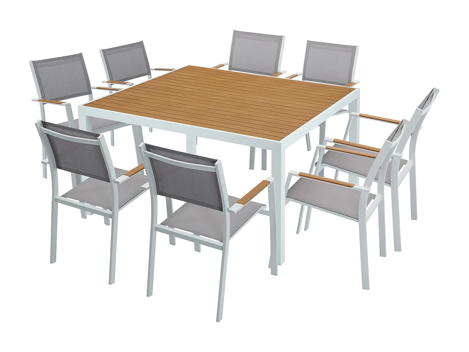 Zestaw mebli ogrodowych jadalnianych z aluminium: kwadratowy stół dł. 140 cm i 8 sztaplowanych foteli – Naturalny jasny i szary – MACILA marki MYLIA 3427055