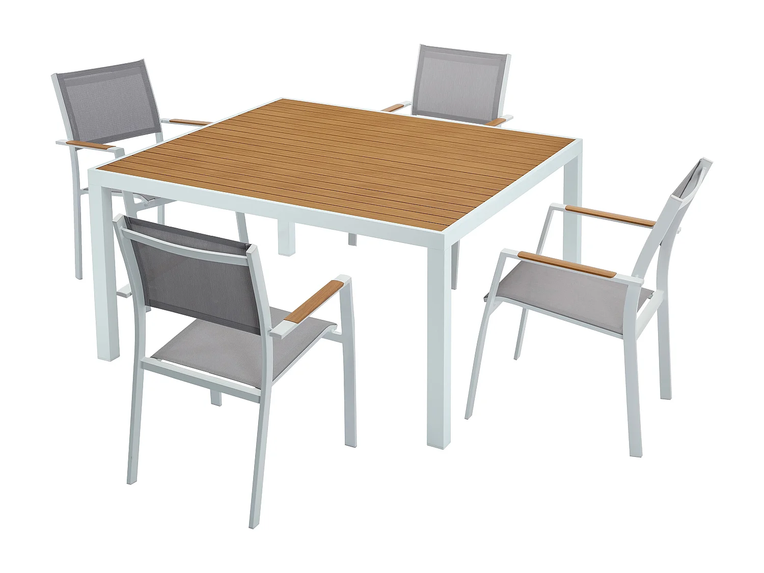 Zestaw mebli ogrodowych jadalnianych z aluminium: kwadratowy stół dł. 140 cm i 4 sztaplowane fotele – Naturalny jasny i szary – MACILA marki MYLIA 3721531