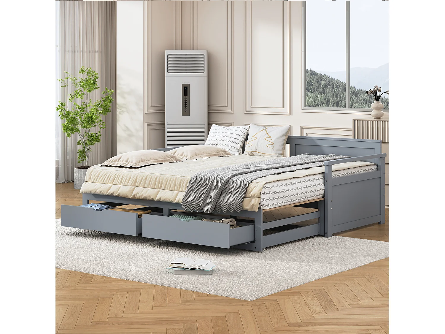 Łóżko wysuwane 90/180 x 190 cm z 2 szufladami dla dzieci - Sosna + sklejka + MDF - kolor szary 3754772 - obrazek 1