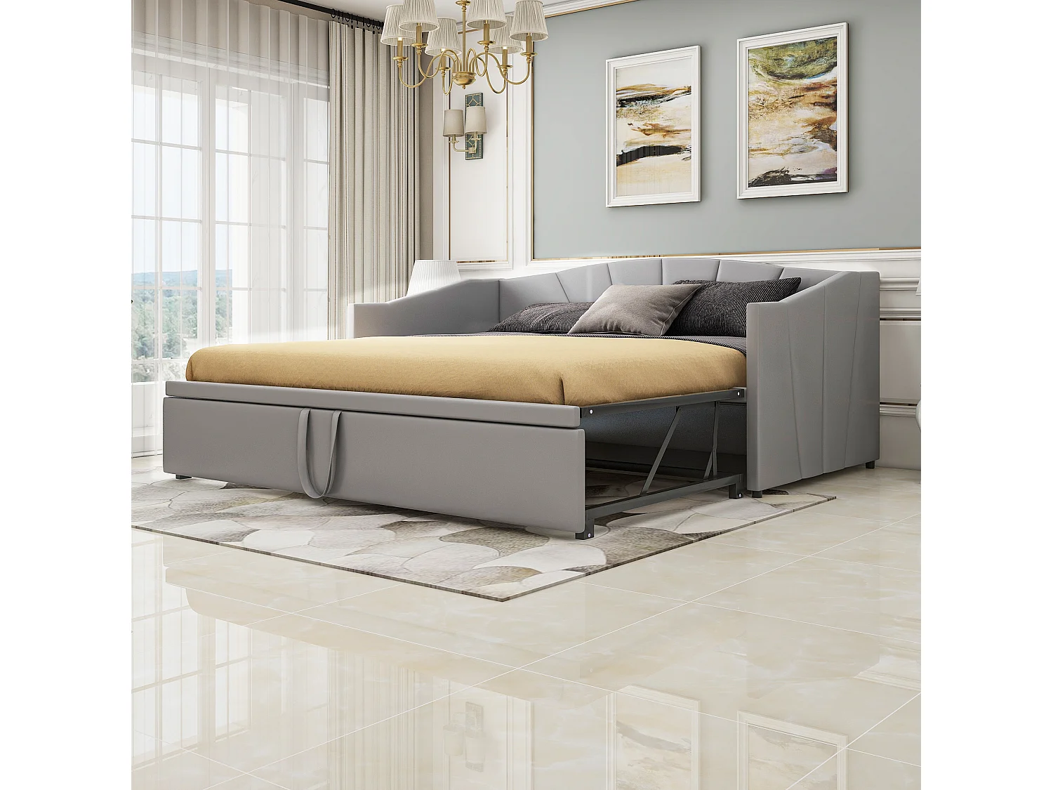 Łóżko wysuwane 90/180 x 200 cm z wezgłowiem - Aksamit - Sofa rozkładana - Stelaż listwowy - Szary 3754775 - obrazek 1