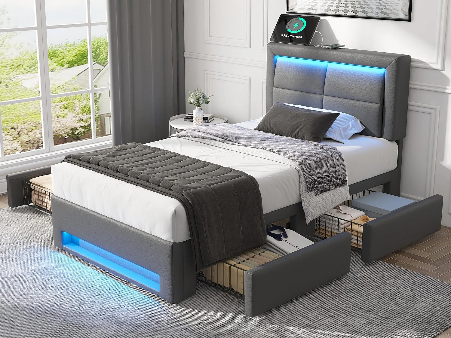 Łóżko z szufladami 90×190 cm z ekoskóry – z LED i portami ładowania (przewodowymi i bezprzewodowymi) – Szare 3761509