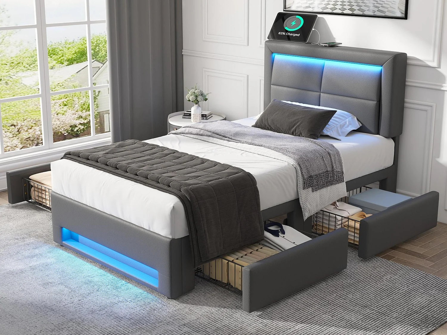 Łóżko z szufladami 90x200 cm z ekoskóry - z LED i portami ładowania (przewodowymi i bezprzewodowymi) - Szare 3761512 - obrazek 1