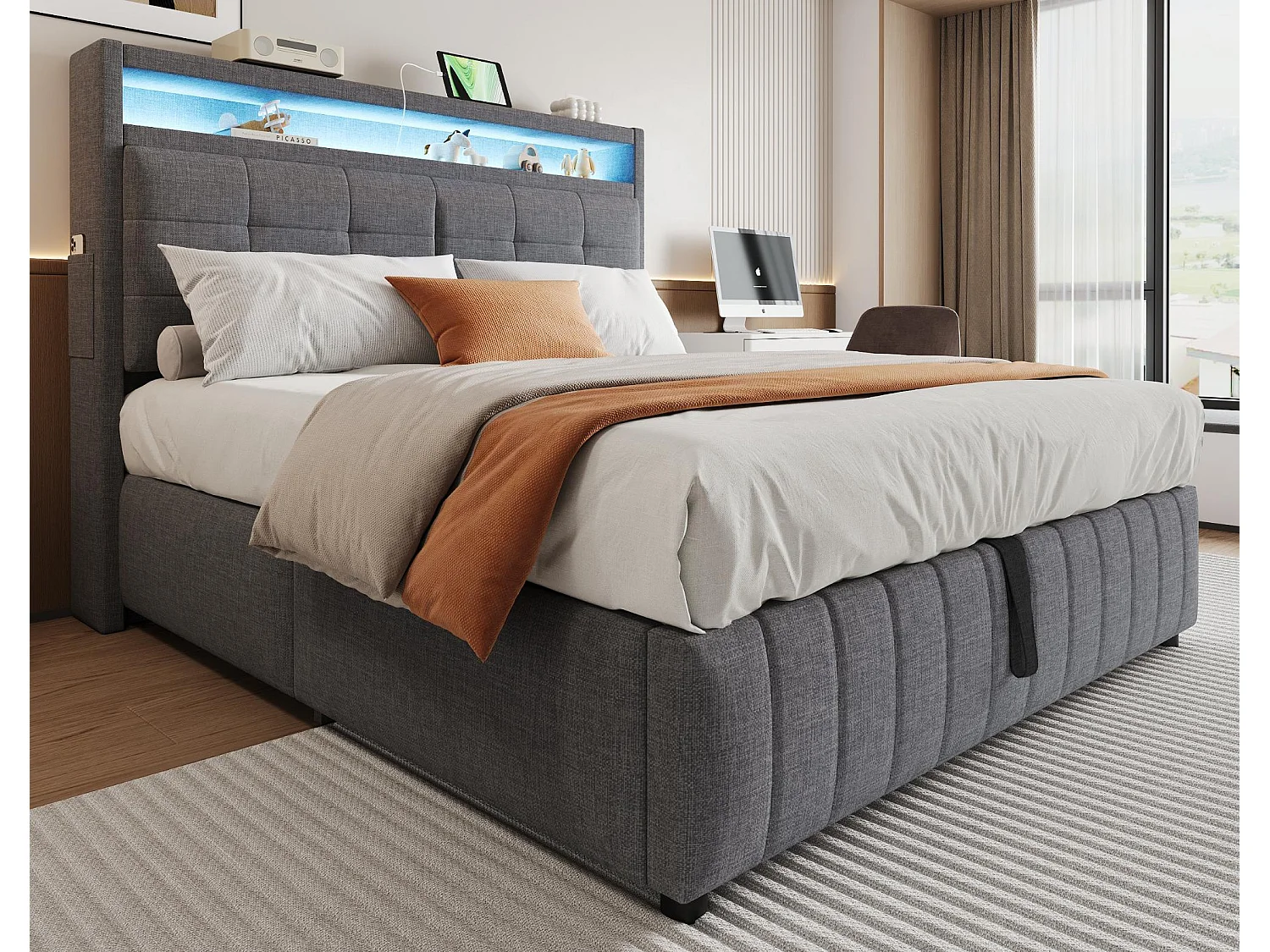 Lniane łóżko tapicerowane ze schowkiem - 160x200 cm - z diodą LED + gniazdem USB + podstawą z listew - Szare 3768878 - obrazek 1