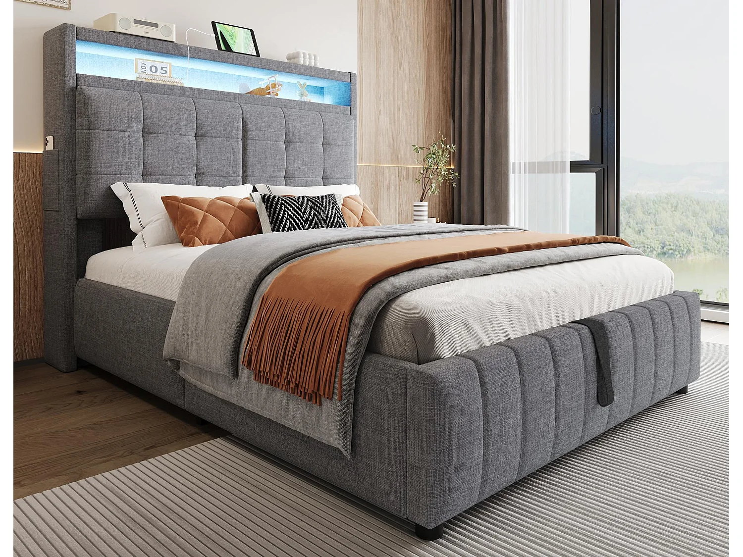 Wyściełane łóżko do przechowywania pościeli – 140×200 cm – z diodą LED + gniazdem USB + podstawą z listew – Szare 3768879