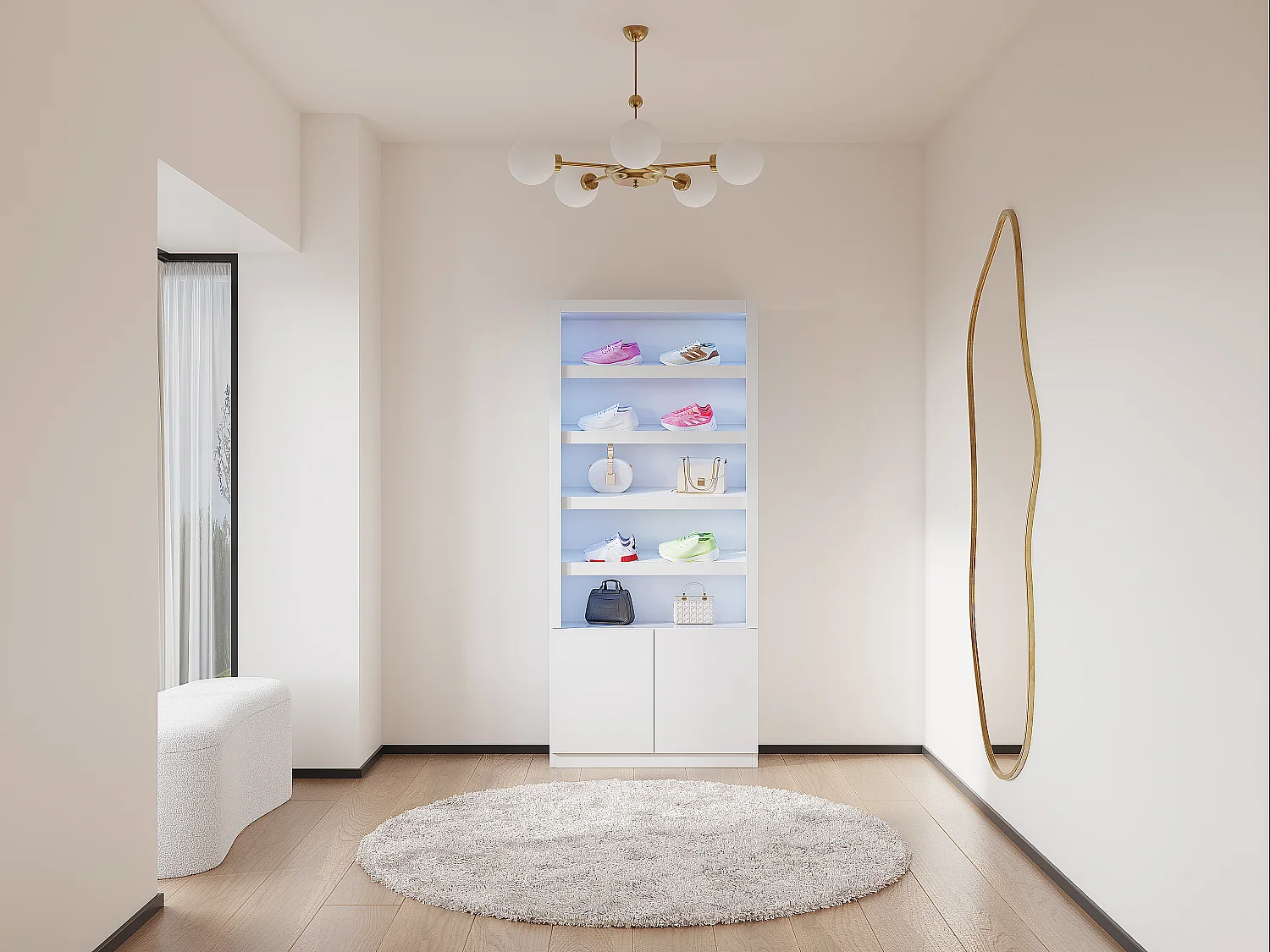 Szafka na buty z 5 wnękami, 2-drzwiową szafką i oświetleniem LED z MDF - Biały - DOLMINA 1802459 - obrazek 1