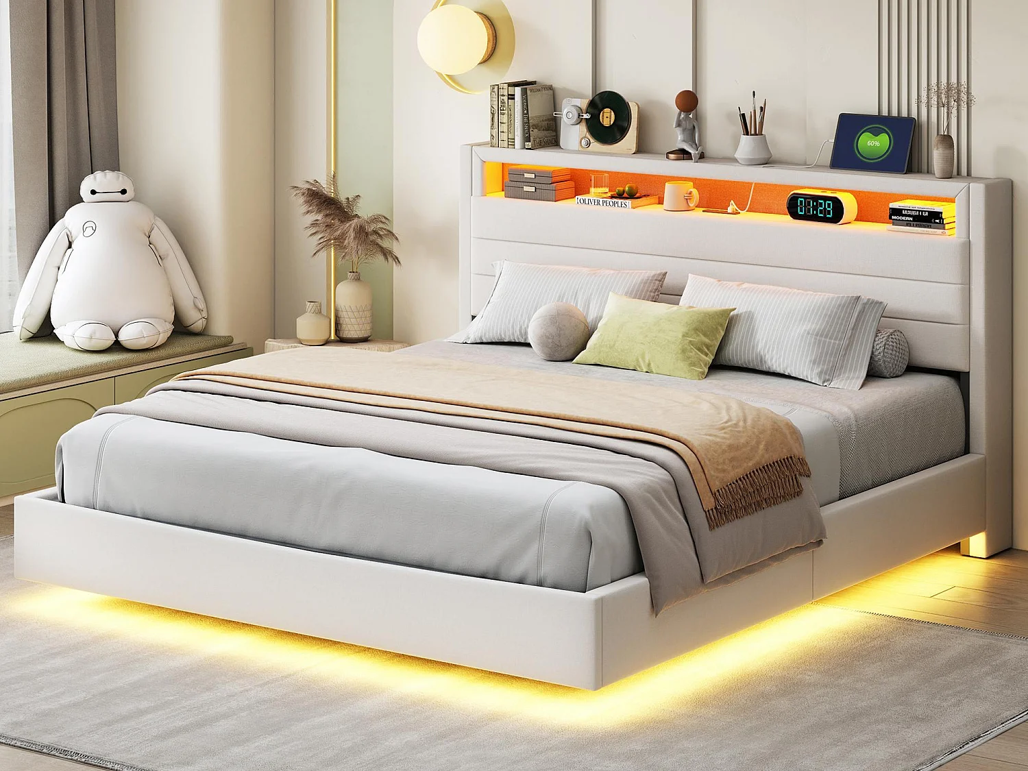 Łóżko z tapicerowanym zagłówkiem z lnu 160x200 cm - z gniazdem USB i LED - Beżowe 3770475 - obrazek 1