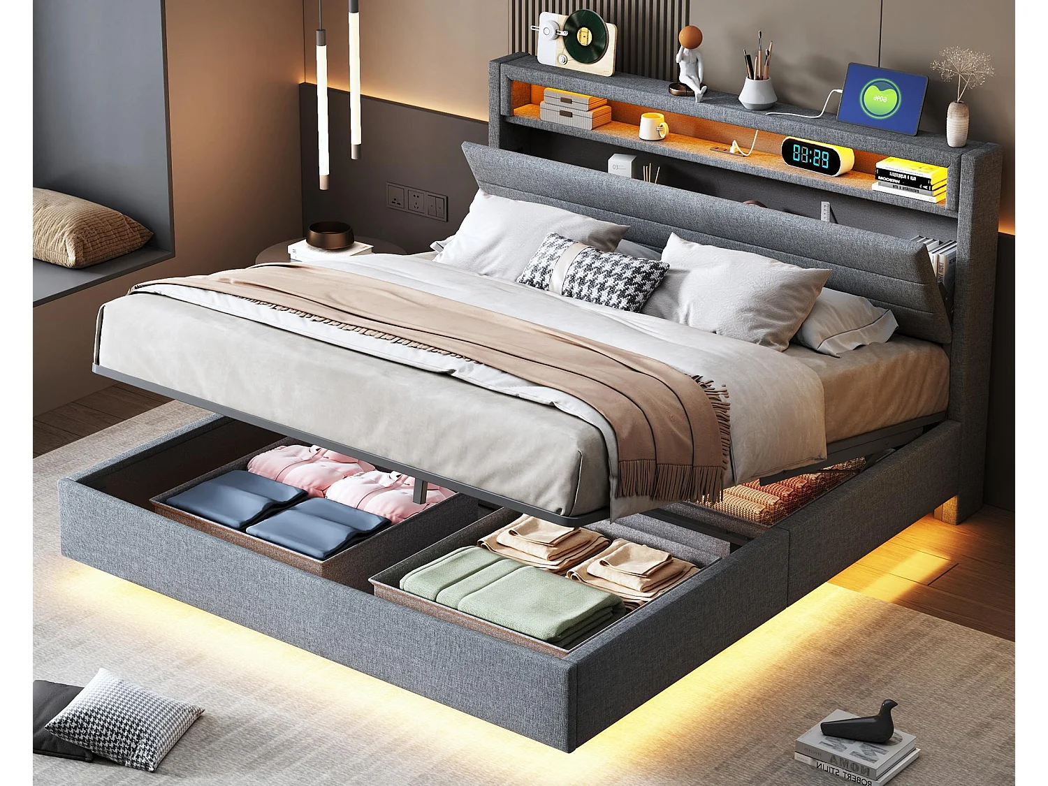 Łóżko z tapicerowanym zagłówkiem z lnu 140x200 cm - z gniazdem USB i LED - Szare 3770476 - obrazek 1