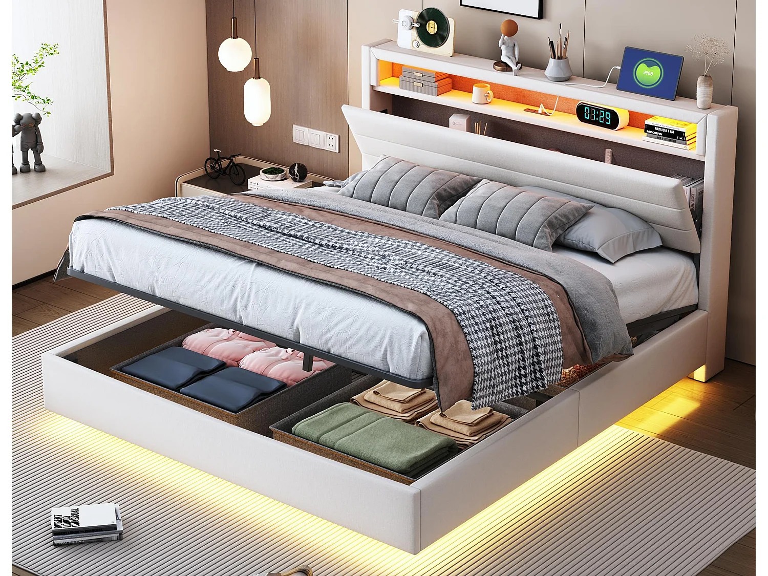 Łóżko z tapicerowanym zagłówkiem z lnu 140x200 cm - z gniazdem USB i LED - Beżowe 3770478 - obrazek 1