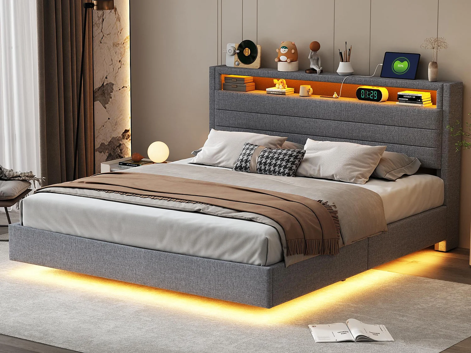 Łóżko z tapicerowanym zagłówkiem z lnu 160x200 cm - z gniazdem USB i LED - Szare 3770481 - obrazek 1