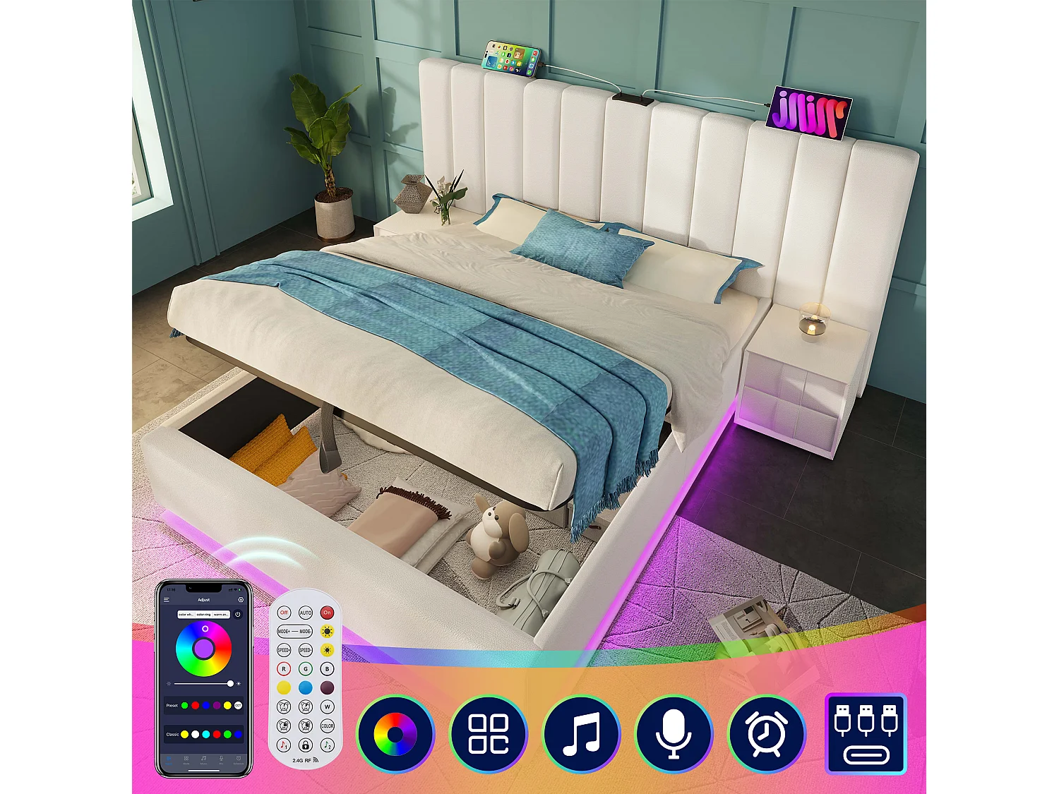 Łóżko ze schowkiem 160 x 200 cm z dużym zagłówkiem - Lampka do czytania i gniazda USB + Type-C - Diody LED - Skóra PU - Biały (bez materaca) 3777311 - obrazek 1