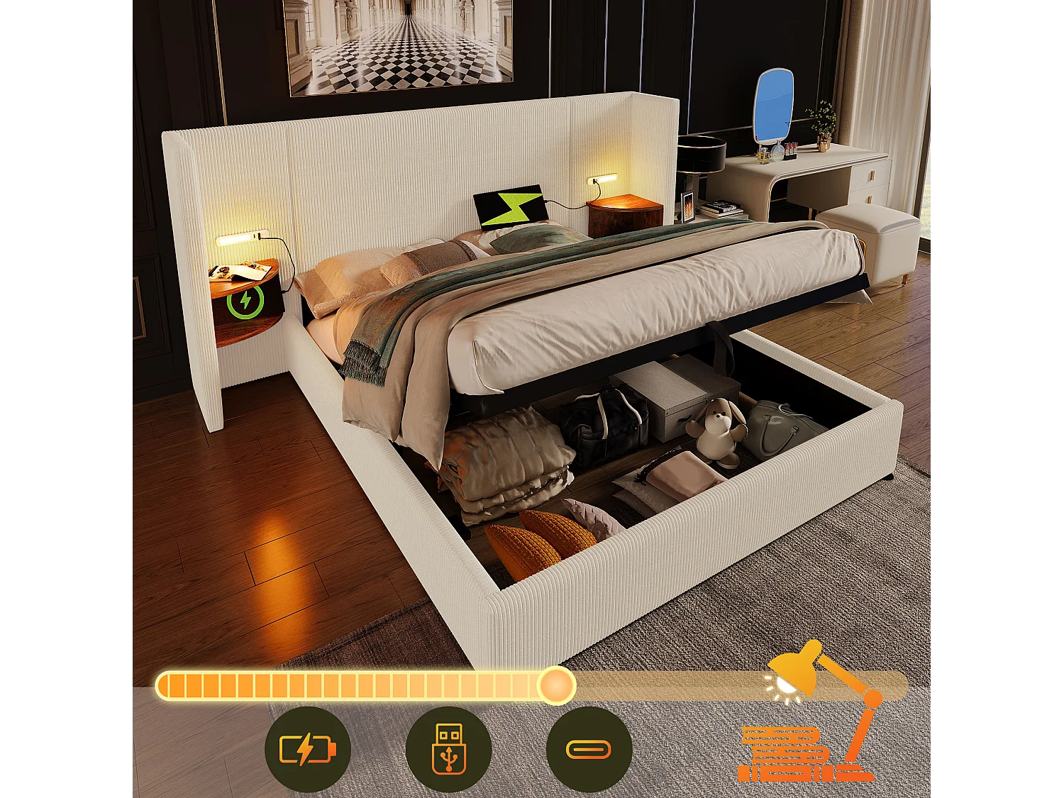 Łóżko ze schowkiem 180 x 200 cm z dużym zagłówkiem i stolikami nocnymi - Lampka do czytania i gniazda USB + typu C - Tkanina lniana - Kremowy (bez materaca) 3777310 - obrazek 1