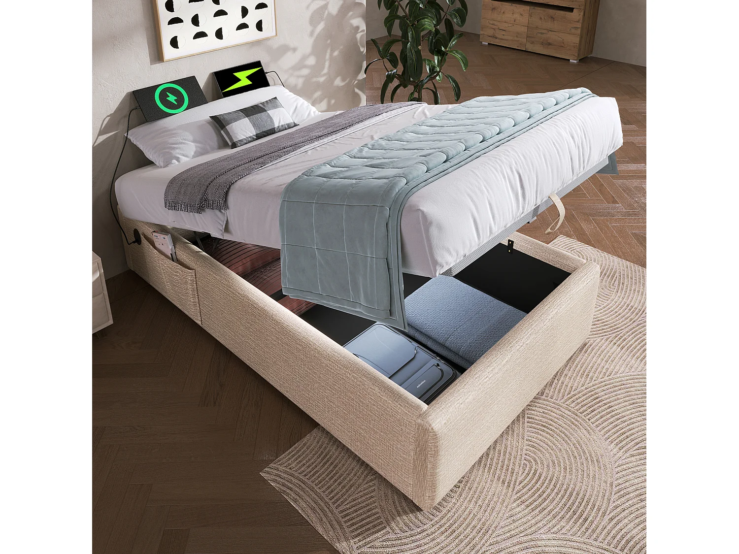 Łóżko ze schowkiem 90 x 200 cm bez zagłówka - 2 kieszenie boczne i gniazda USB + Type-C - Tkanina lniana - Beżowy (bez materaca) 3777314 - obrazek 1