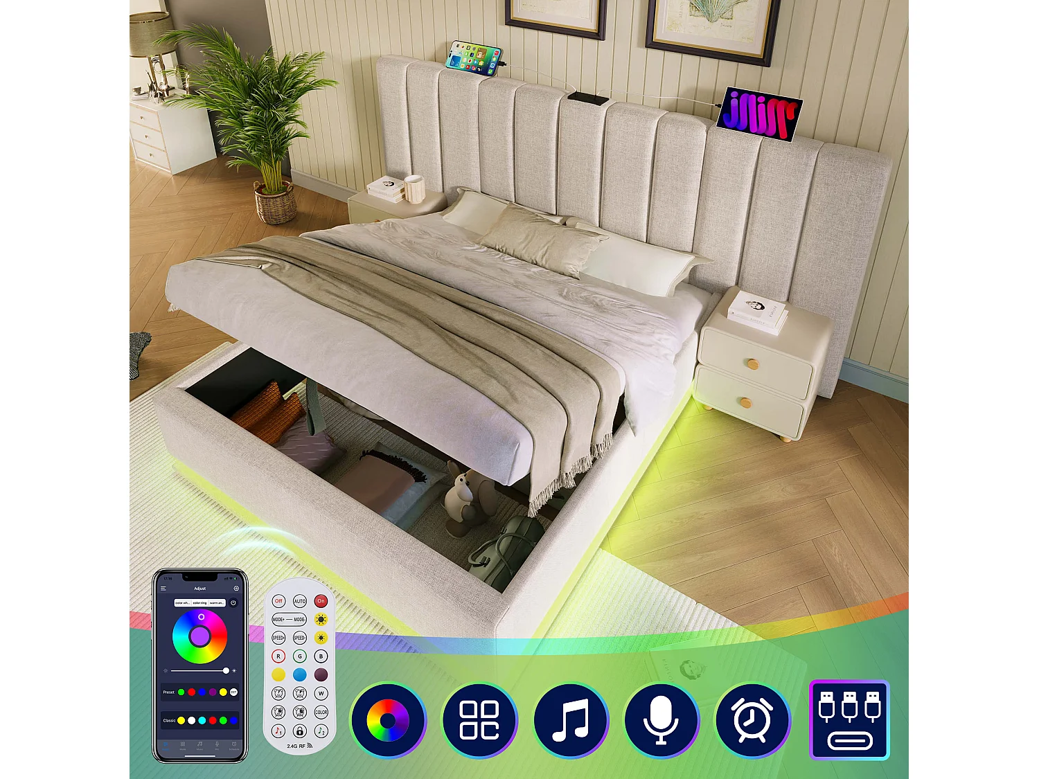 Łóżko ze schowkiem 180 x 200 cm z dużym zagłówkiem - Lampka do czytania i gniazda USB + Type-C - Diody LED - Tkanina lniana - Beżowy (bez materaca) 3777319 - obrazek 1