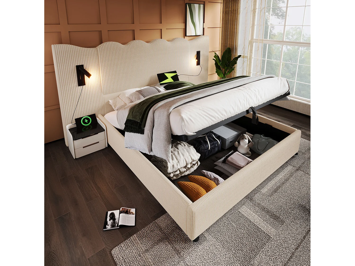 Łóżko ze schowkiem 180 x 200 cm z dużym zagłówkiem - Lampka do czytania i gniazda USB + Type-C - Tkanina lniana i lite drewno - Kremowy (bez materaca) 3777327 - obrazek 1