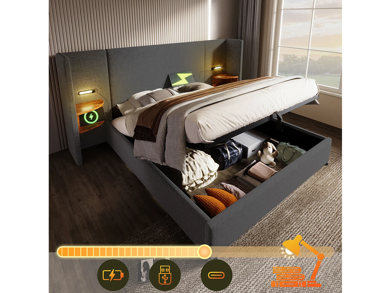 Łóżko ze schowkiem 160 x 200 cm z dużym zagłówkiem i stolikami nocnymi - Lampka do czytania i gniazda USB + typu C - Tkanina lniana - Szary (bez materaca) 3777336 - obrazek 1