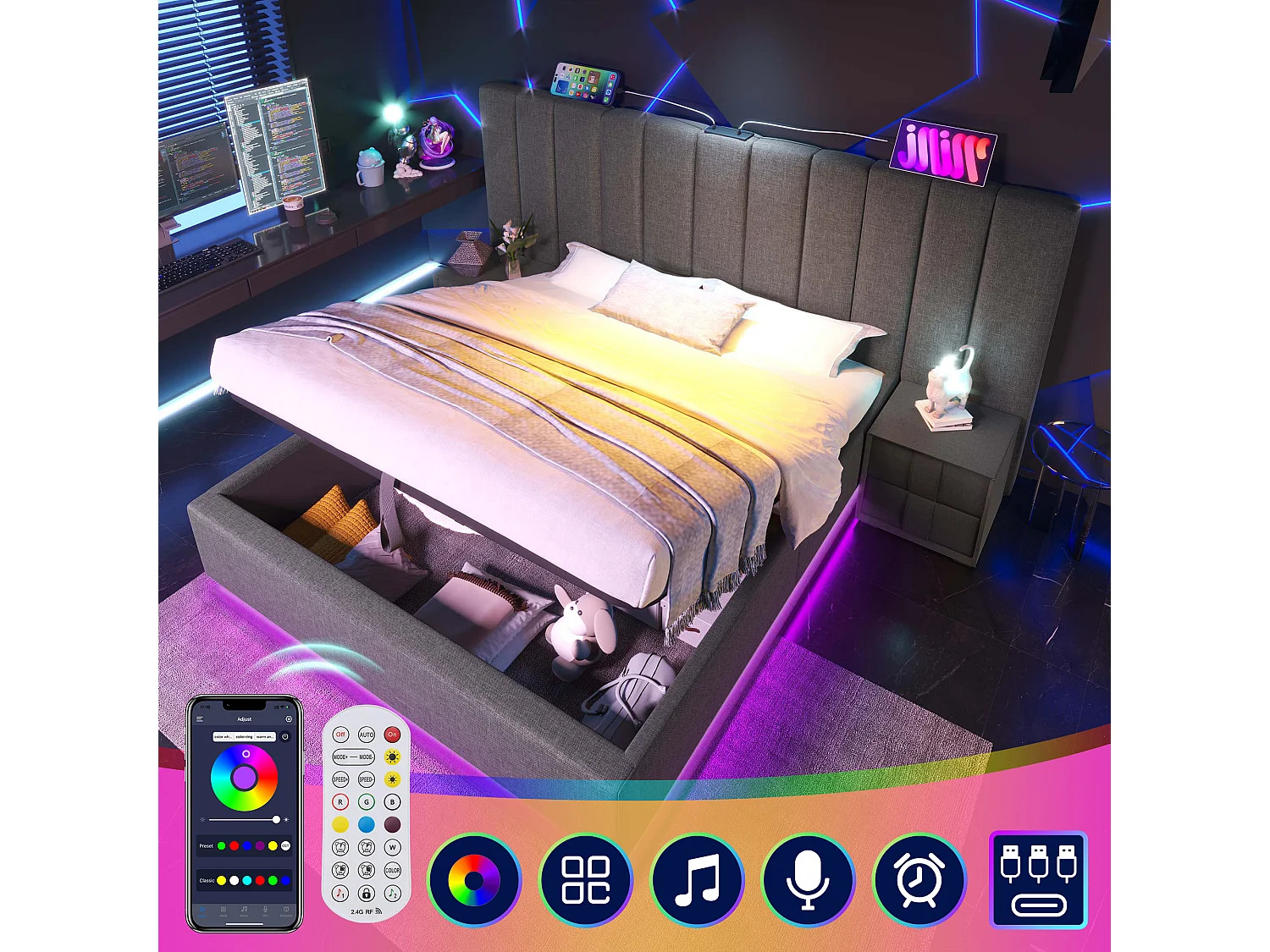 Łóżko ze schowkiem 160 x 200 cm z dużym zagłówkiem - Lampka do czytania i gniazda USB + Type-C - Diody LED - Tkanina lniana - Szary (bez materaca) 3777337 - obrazek 1