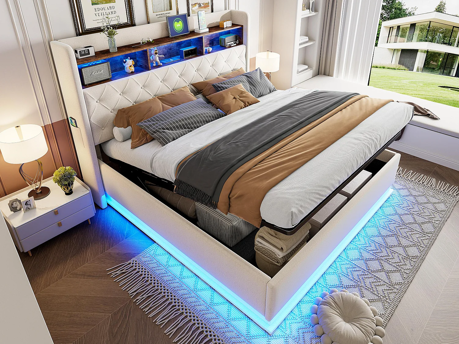 Łóżko z pojemnikiem 180x200 cm z lnu - z LED i gniazdami USB - Beżowe 3780532 - obrazek 1