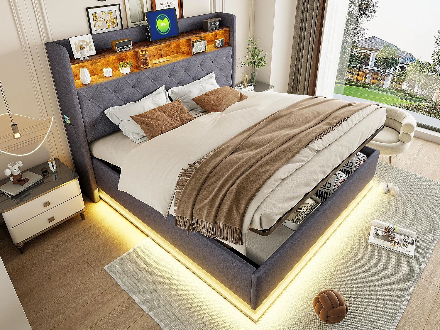 Łóżko z pojemnikiem 160x200 cm z lnu - z LED i gniazdami USB - Szare 3780530 - obrazek 1