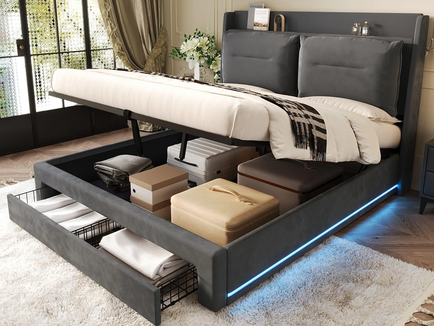 Łóżko z tapicerowanym welurem - 160x200 cm - 2 szuflady na końcu łóżka - wbudowana taśma LED w nogach łóżka - Szary (bez materaca) 2910796 - obrazek 1