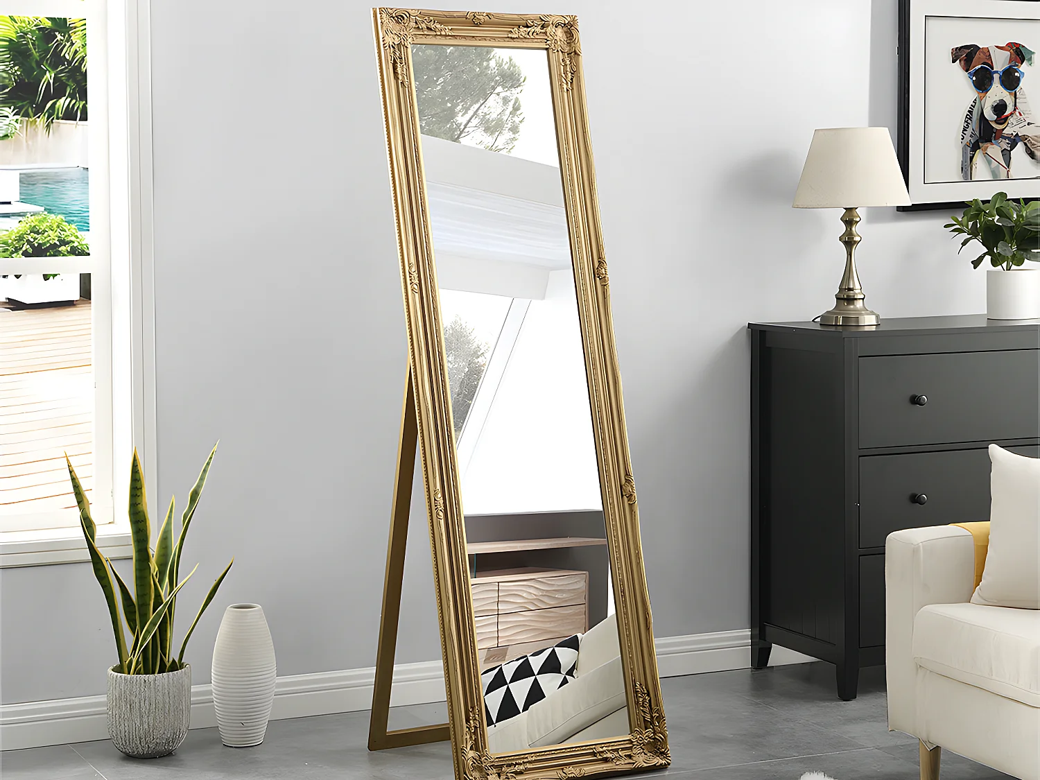 Lustro stojące HONORE z tłoczeniami – drewno eukaliptusowe – wys. 170 cm – kolor złoty 126979 - obrazek 1